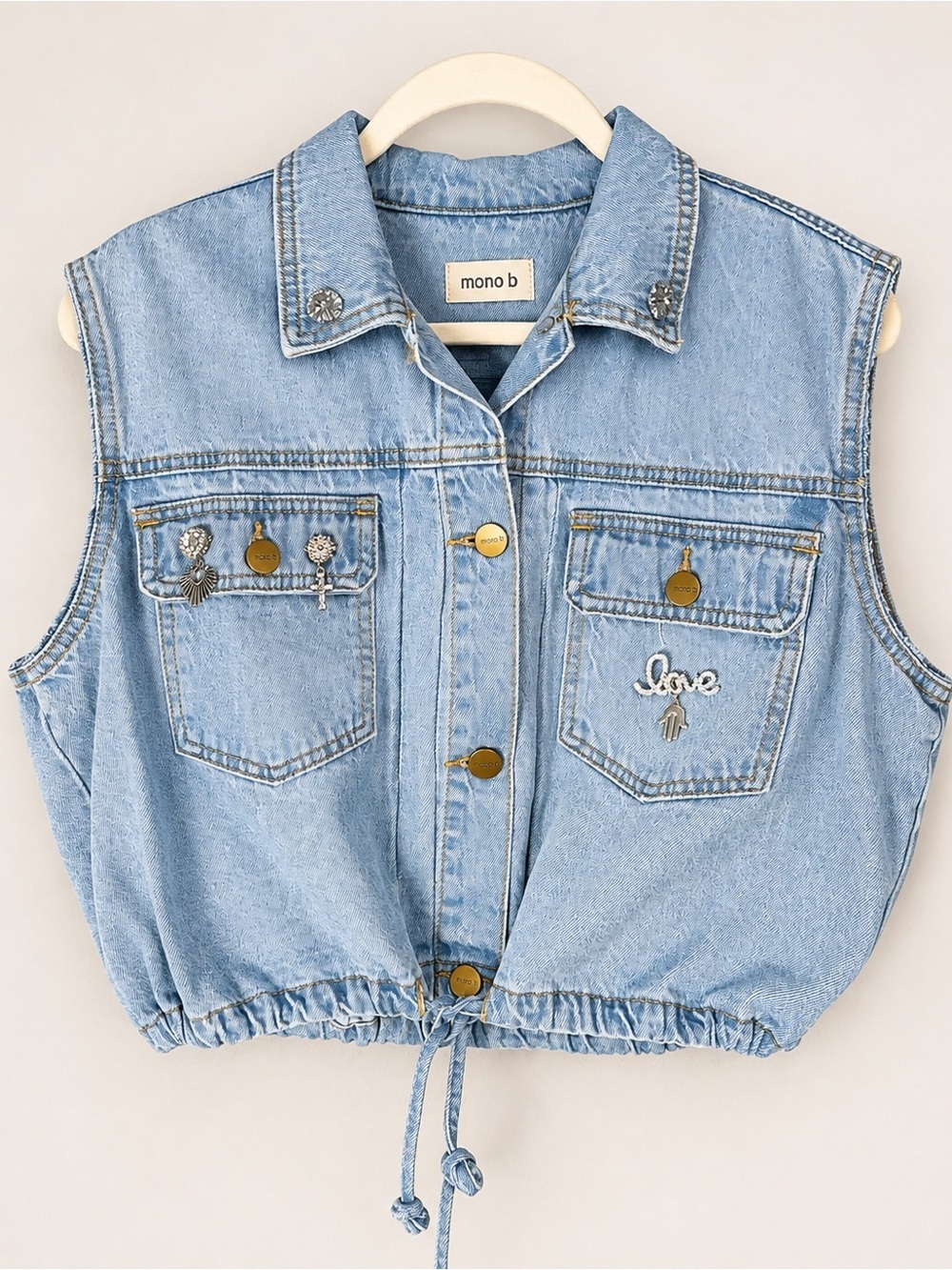 Embellished Light Wash Denim Vest Medusa Rhinestone Graphic, Upcycle Jacket - Picture 6 of 9